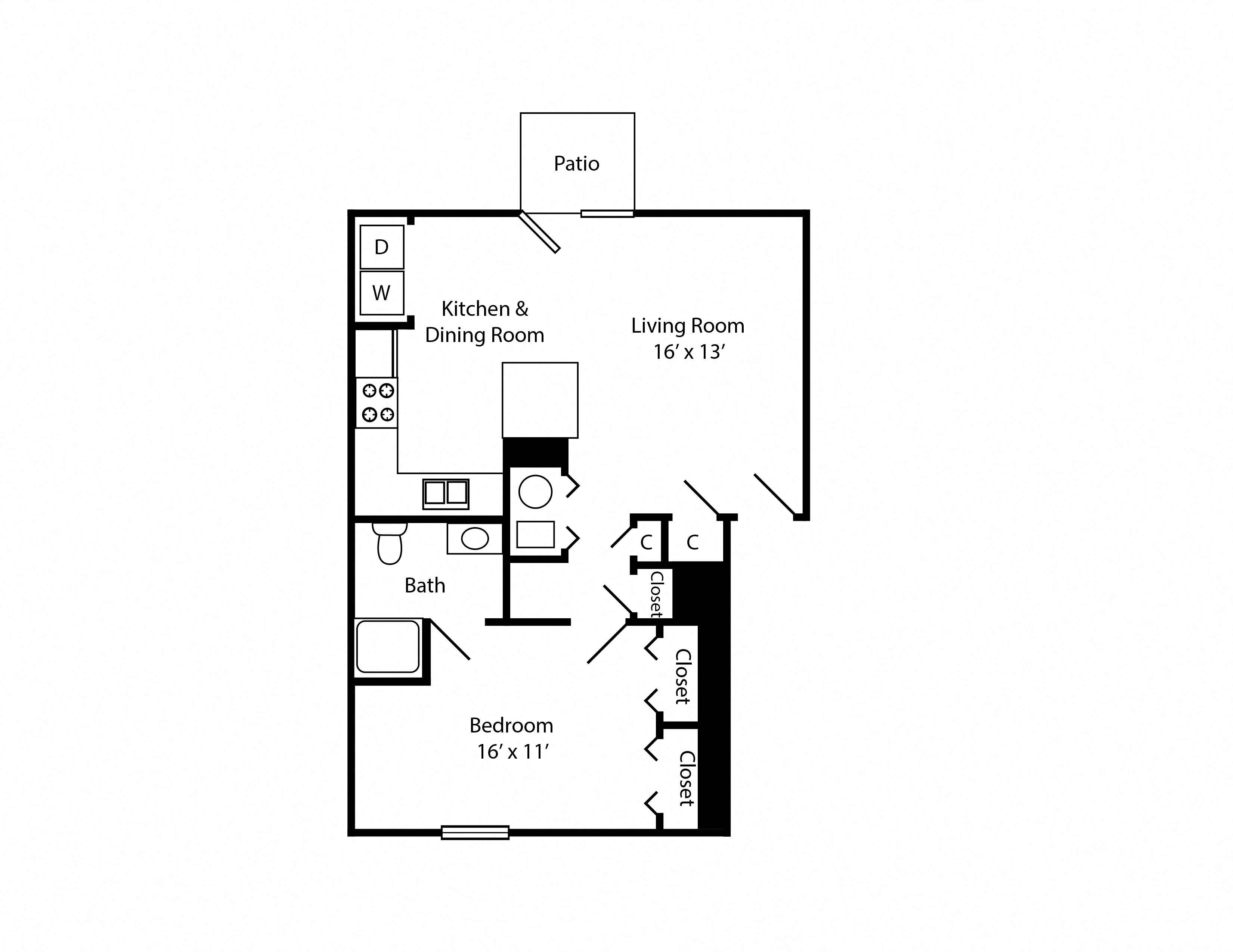Floor plan for 1 bed, 1 bath, 675 sqft